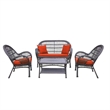 Jeco 4 Piece Wicker Conversation Set in Espresso with Red Cushions