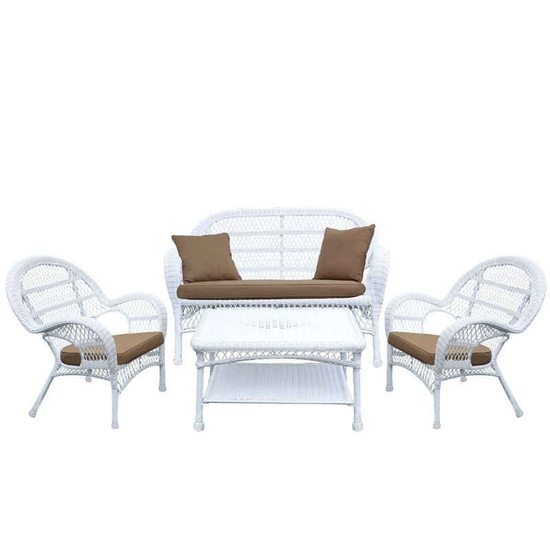 Jeco Inc. 4-Piece Resin Wicker Patio Conversation Set in White/Brown Cushions