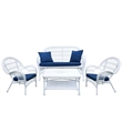 Jeco Inc. 4-Piece Resin Wicker Patio Conversation Set in White/Blue Cushions