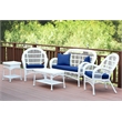 Jeco Inc. 4-Piece Resin Wicker Patio Conversation Set in White/Blue Cushions