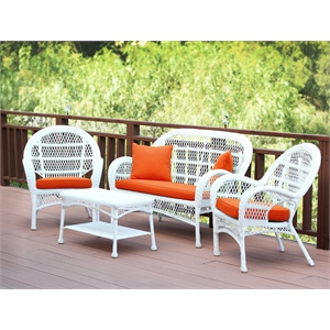 Jeco Inc. 4-Piece Resin Wicker Patio Conversation Set in White/Orange Cushions