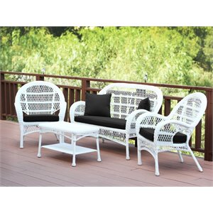 Jeco Inc. 4-Piece Resin Wicker Patio Conversation Set in White/Black Cushions