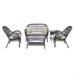 Jeco 5 Piece Wicker Conversation Set in Espresso with Tan Cushions