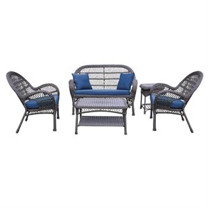 Jeco 5 Piece Wicker Conversation Set in Espresso with Blue Cushions