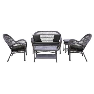 Jeco 5 Piece Wicker Conversation Set in Espresso with Black Cushions