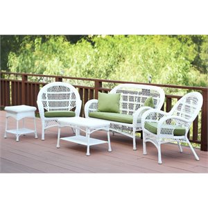 Jeco 5 Piece Wicker Conversation Set in White with Green Cushions