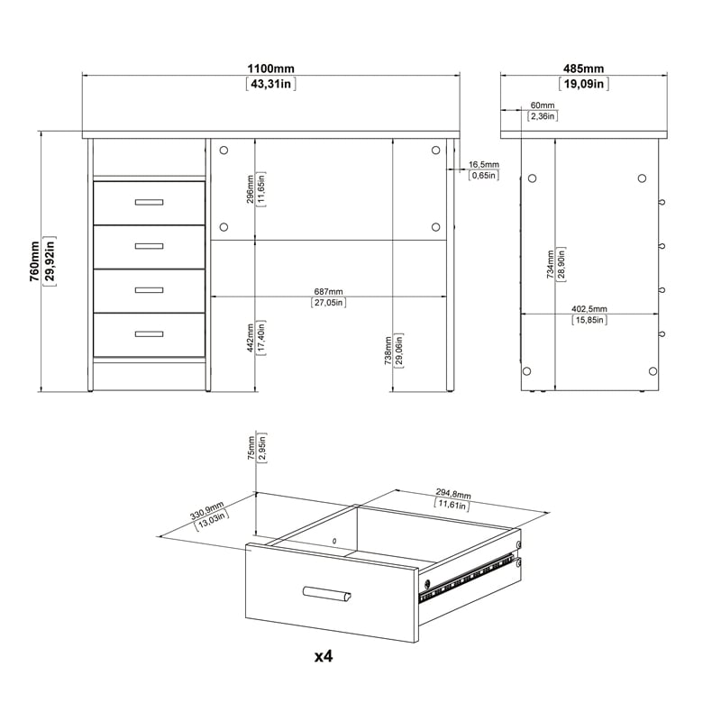 Tvilum Warner Contemporary Engineered Wood Desk with 4 Drawers in White