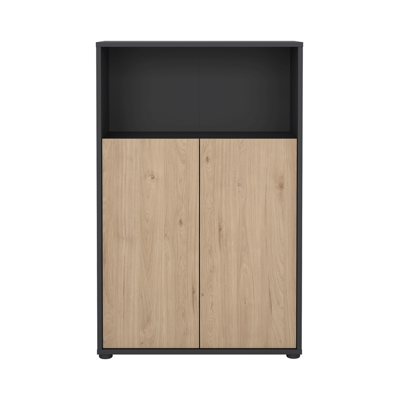 Tvilum Sign 3 Shelf Bookcase with Doors and Adjustable Storage in Matte Grey and Hickory