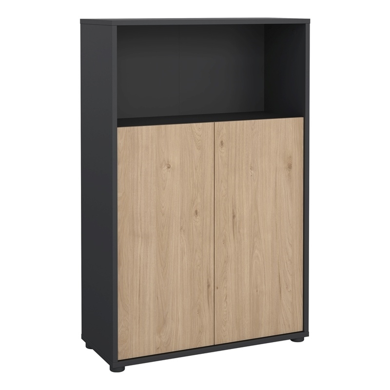 Tvilum Sign 3 Shelf Bookcase with Doors and Adjustable Storage in Matte Grey and Hickory