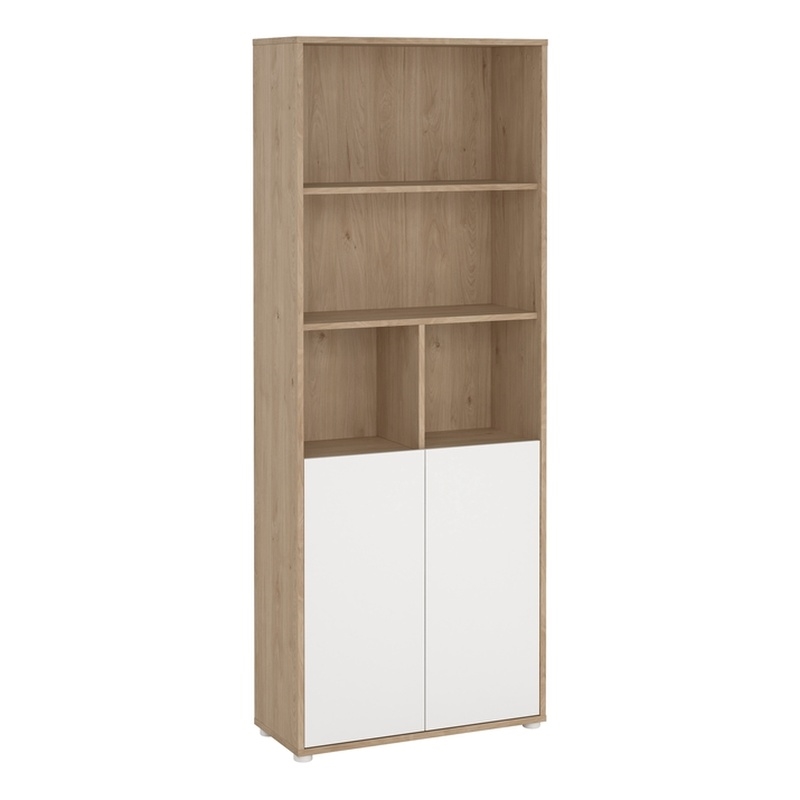 Tvilum Sign 6 Shelf Bookcase with Doors and Adjustable Storage in White and Hickory