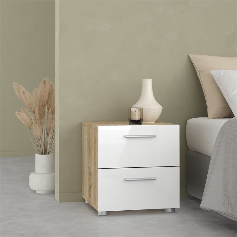 Tvilum Austin Oak/White High Gloss 2 Drawer Nightstand -Set of 2