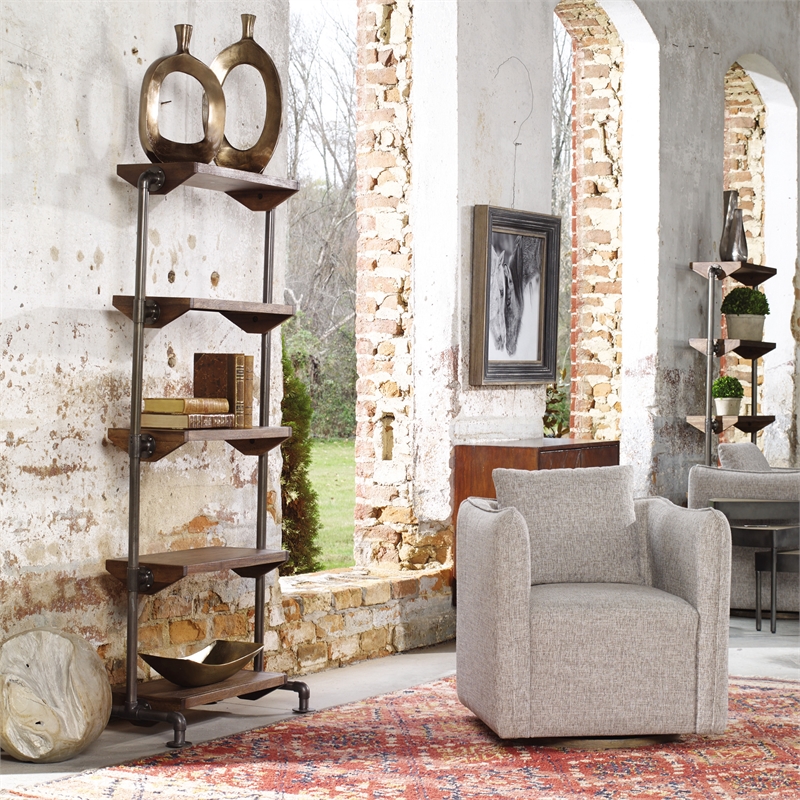 Uttermost Rhordyn 4-Shelf Wood and Metal Bookcase in Walnut and Gunmetal