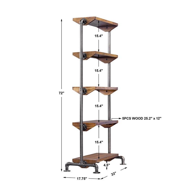 Uttermost Rhordyn 4-Shelf Wood and Metal Bookcase in Walnut and Gunmetal