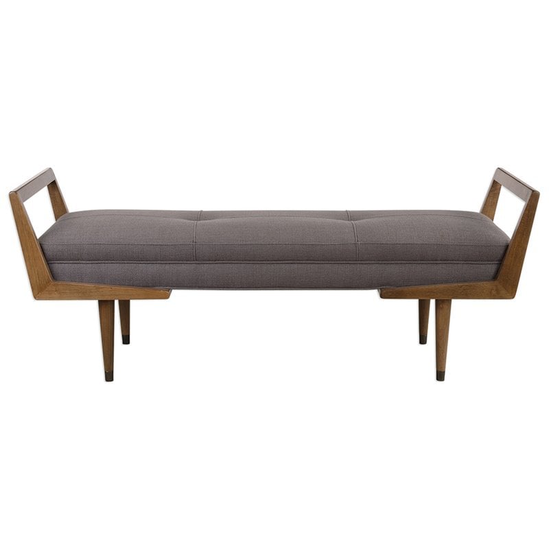 Uttermost Waylon Wood Metal and Fabric Tufted Bench in Taupe and Oak