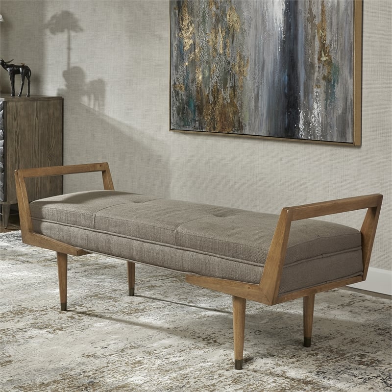 Uttermost Waylon Wood Metal and Fabric Tufted Bench in Taupe and Oak
