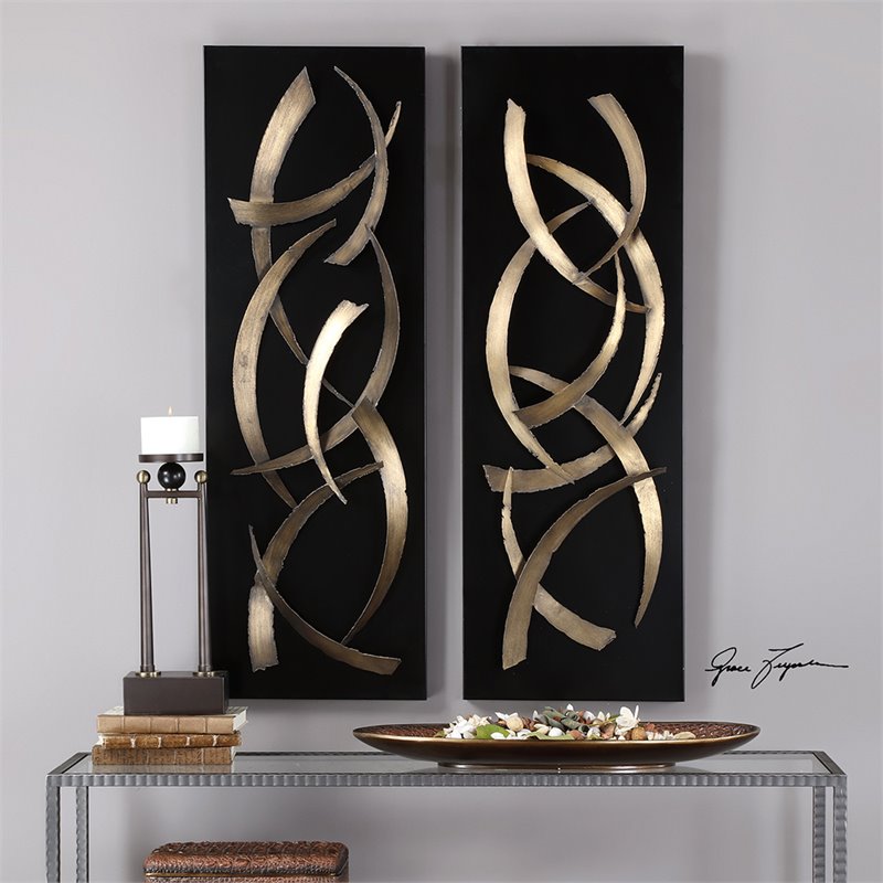 Uttermost Brushstrokes 2-Piece Contemporary Iron Wall Art Set in Gold/Black