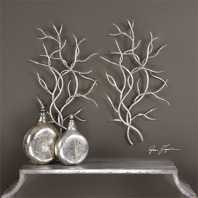 Uttermost Silver Branches Contemporary Iron Wall Art in Silver (Set of 2)