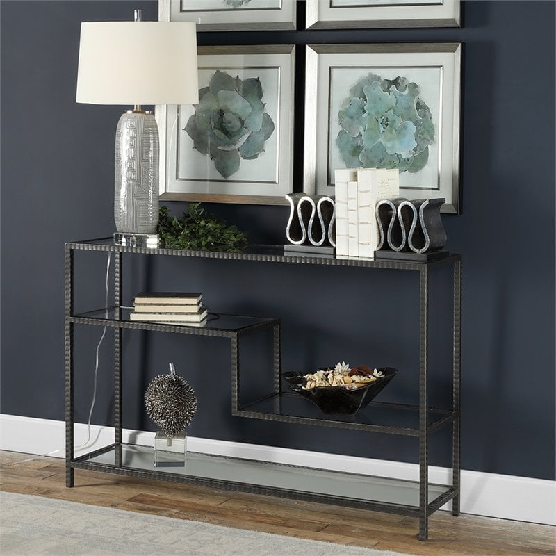 Uttermost Leo Iron and Glass Accent Console Table in Aged Gunmetal Gray