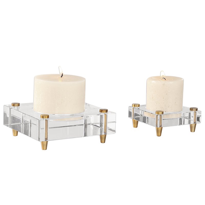 Uttermost Claire 2-Piece Crystal Block Candle Holder Set in Brass/Off White