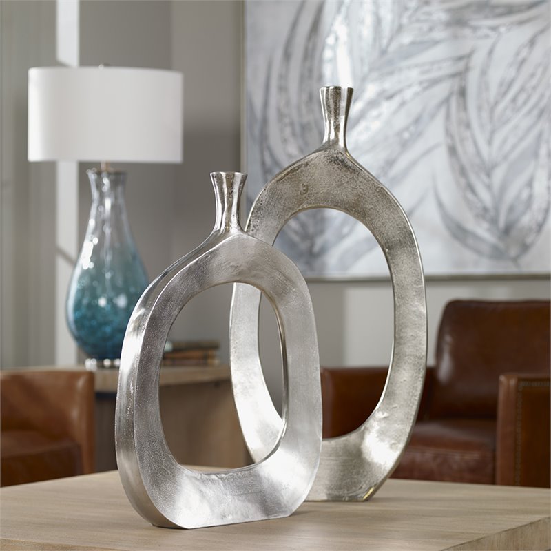 Uttermost Cierra 2-Piece Farmhouse Cast Aluminum Vase Set in Textured Nickel
