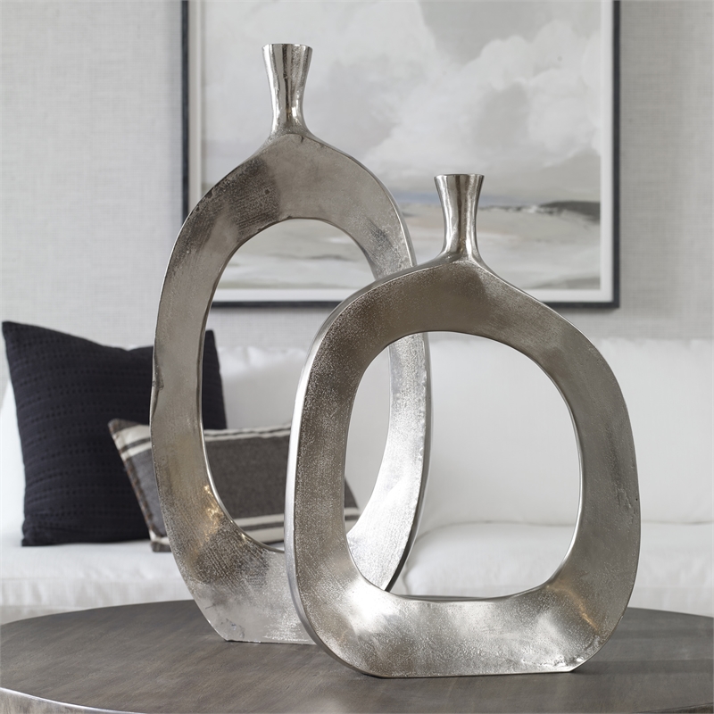 Uttermost Cierra 2-Piece Farmhouse Cast Aluminum Vase Set in Textured Nickel
