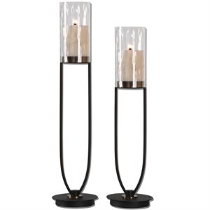 Uttermost Durga 2-Piece Metal and Glass Candle Holder Set in Matte Black/Beige