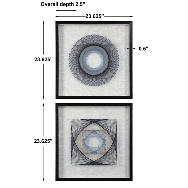Uttermost String Duet Wood and Glass Geometric Art - Black/Blue/White (Set of 2)