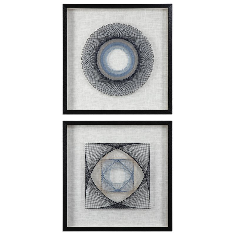 Uttermost String Duet Wood and Glass Geometric Art - Black/Blue/White (Set of 2)