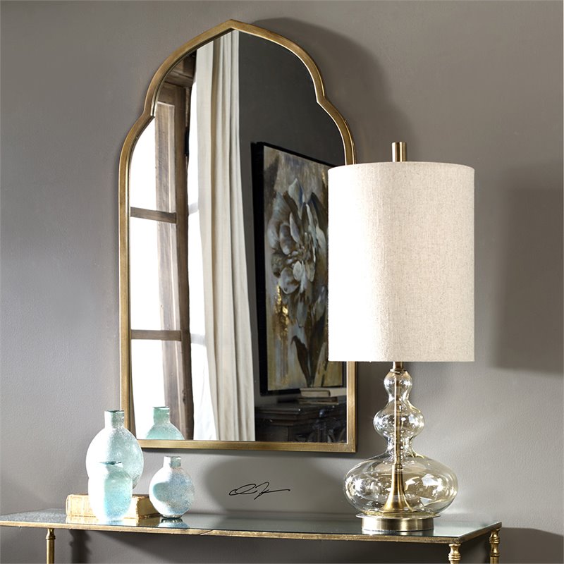Uttermost Formoso Steel Glass and Fabric Table Lamp in Antique Brass and Khaki