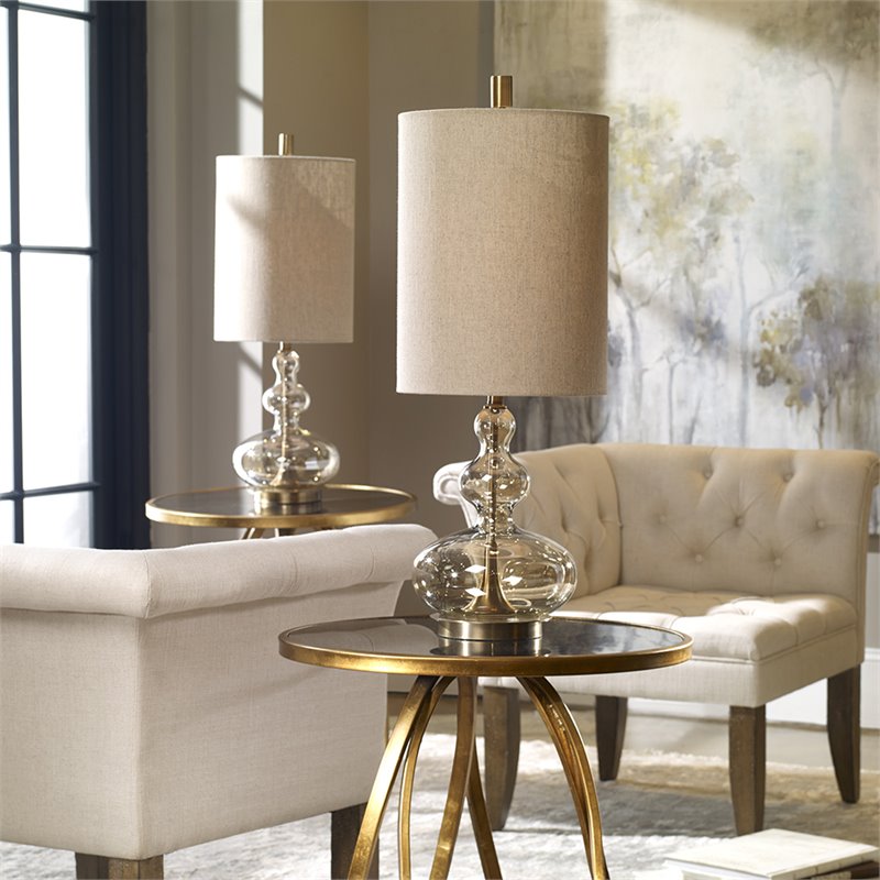 Uttermost Formoso Steel Glass and Fabric Table Lamp in Antique Brass and Khaki