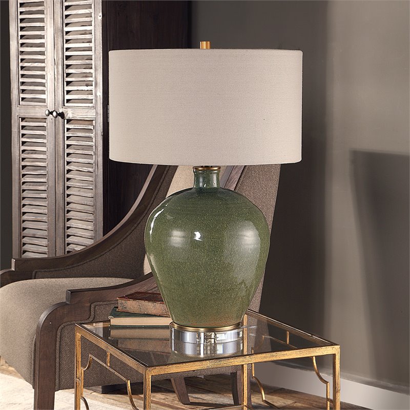 Uttermost Elva Steel Ceramic and Crystal Table Lamp in Emerald Green/Light Beige