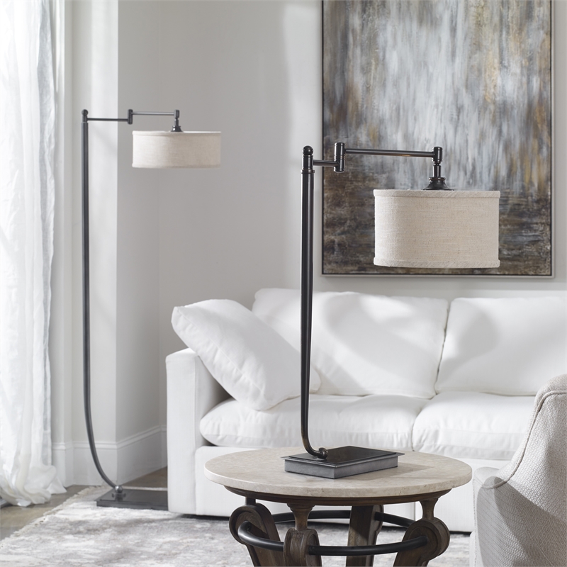 Uttermost Lamine Iron and Fabric Floor Lamp in Dark Bronze and Beige