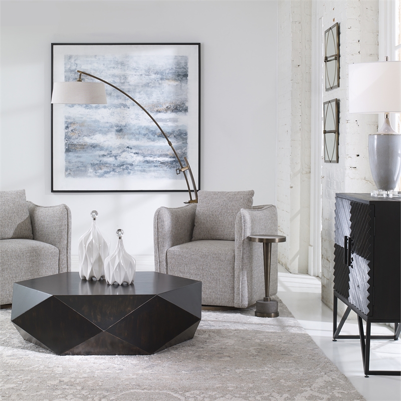 Uttermost Calogero Iron Fabric Arc Floor Lamp in Dark Bronze and Light Beige
