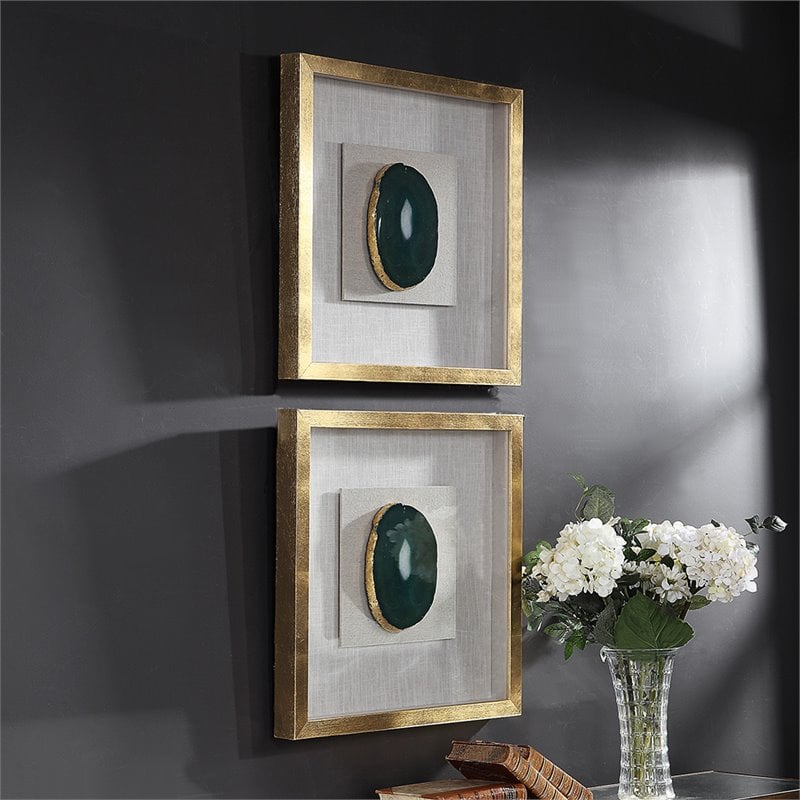 Uttermost Keeva Wood Agate Stone and Fabric Shadow Box in White and Gold