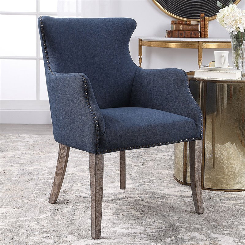 Uttermost Yareena Coastal Wood and Fabric Wingback Accent Chair - Denim Blue/Oak