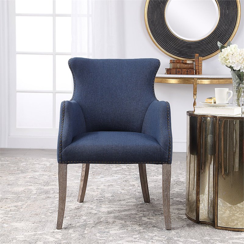 Uttermost Yareena Coastal Wood and Fabric Wingback Accent Chair - Denim Blue/Oak