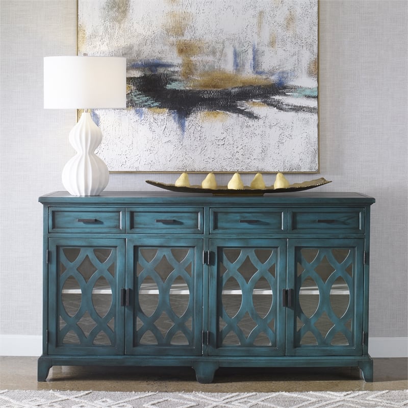 Uttermost Oksana Coastal Wood and Glass Sideboard in Antique Green/Antique White