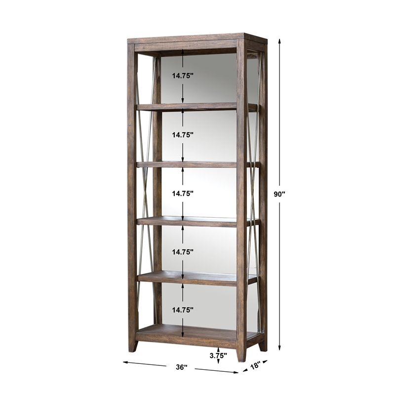 Uttermost Delancey 5-Shelf Wood and Metal Bookcase in Weathered Oak and Pewter
