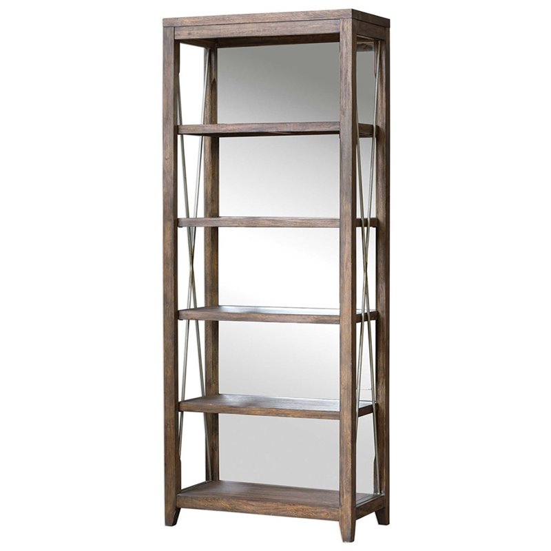 Uttermost Delancey 5-Shelf Wood and Metal Bookcase in Weathered Oak and Pewter
