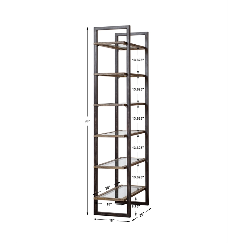 Uttermost Olwyn 6-Shelf Iron and Glass Bookcase in Driftwood and Aged Steel
