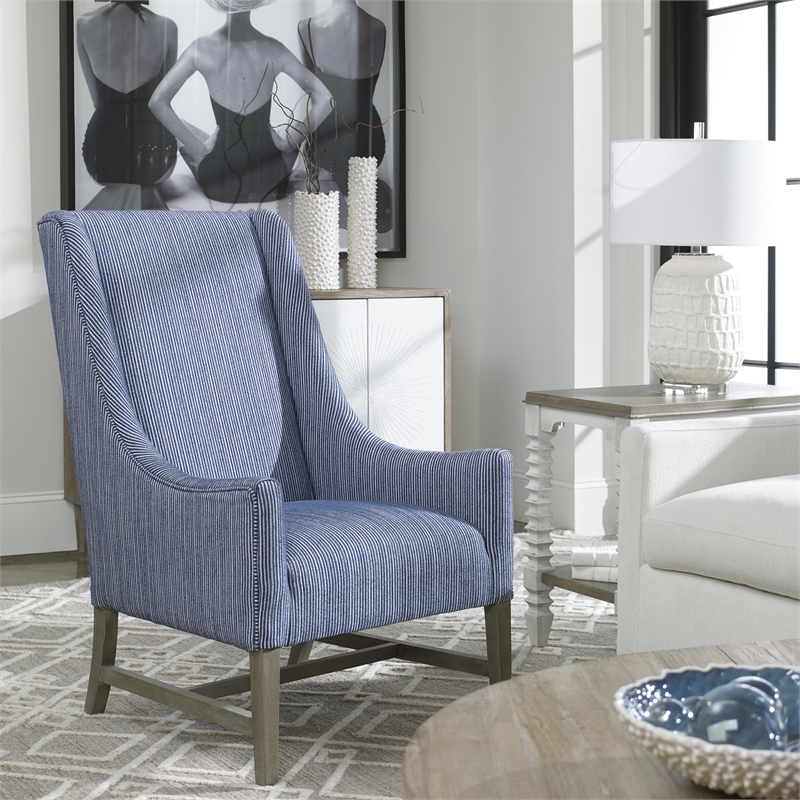 Uttermost Galiot Coastal Wood and Fabric Wingback Accent Chair in Blue and White