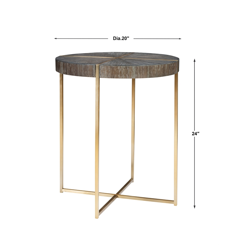 Uttermost Taja Round Stainless Steel and Wood Accent Table in Brushed Brass