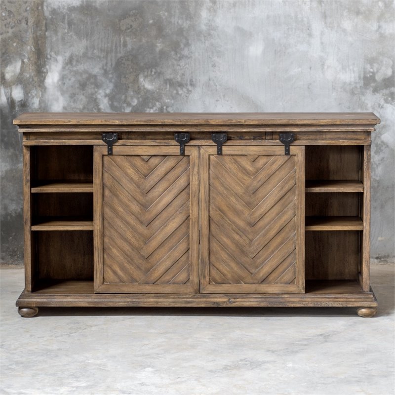 Uttermost Primalia MDF Wood Barn Door Media Console in Antique Honey