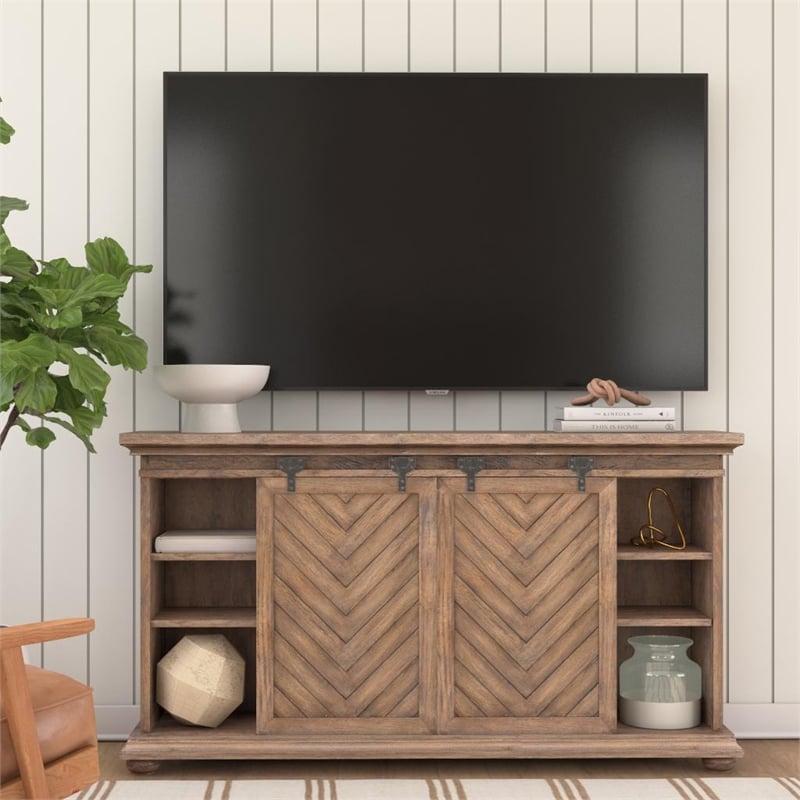 Uttermost Primalia MDF Wood Barn Door Media Console in Antique Honey