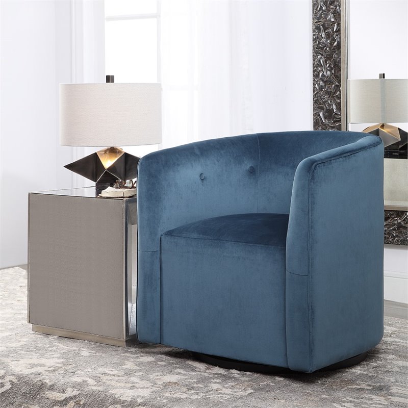 Uttermost Mallorie Contemporary Wood and Fabric Swivel Chair in Ink Blue