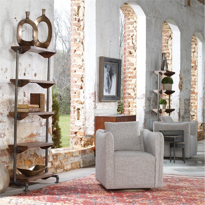 Uttermost Corben Contemporary Wood and Fabric Swivel Chair in Weathered Gray