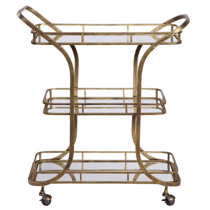 Uttermost Stassi Transitional Glass and Iron Serving Cart in Antique Gold