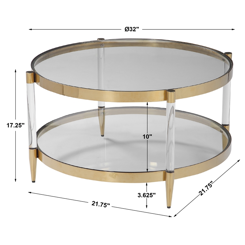 Uttermost Kellen Stainless Steel Glass and Acrylic Coffee Table in Gold