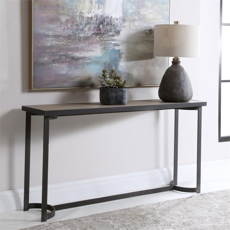 Uttermost Basuto Modern Iron Metal and Wood Console Table in Light Gray