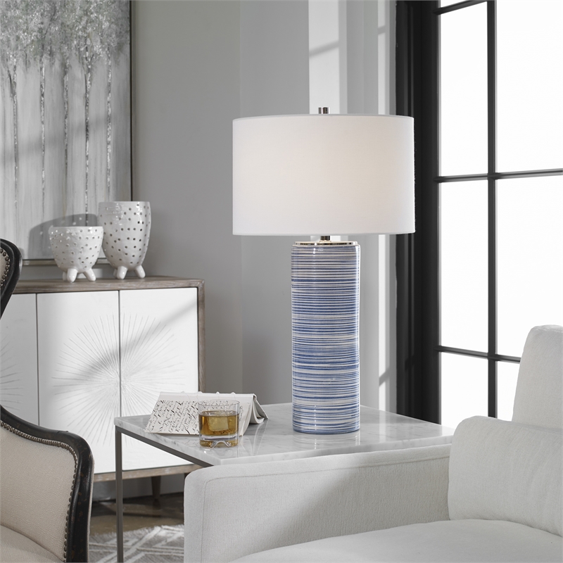 Uttermost Montauk Ceramic and Steel Striped Table Lamp in White and Indigo